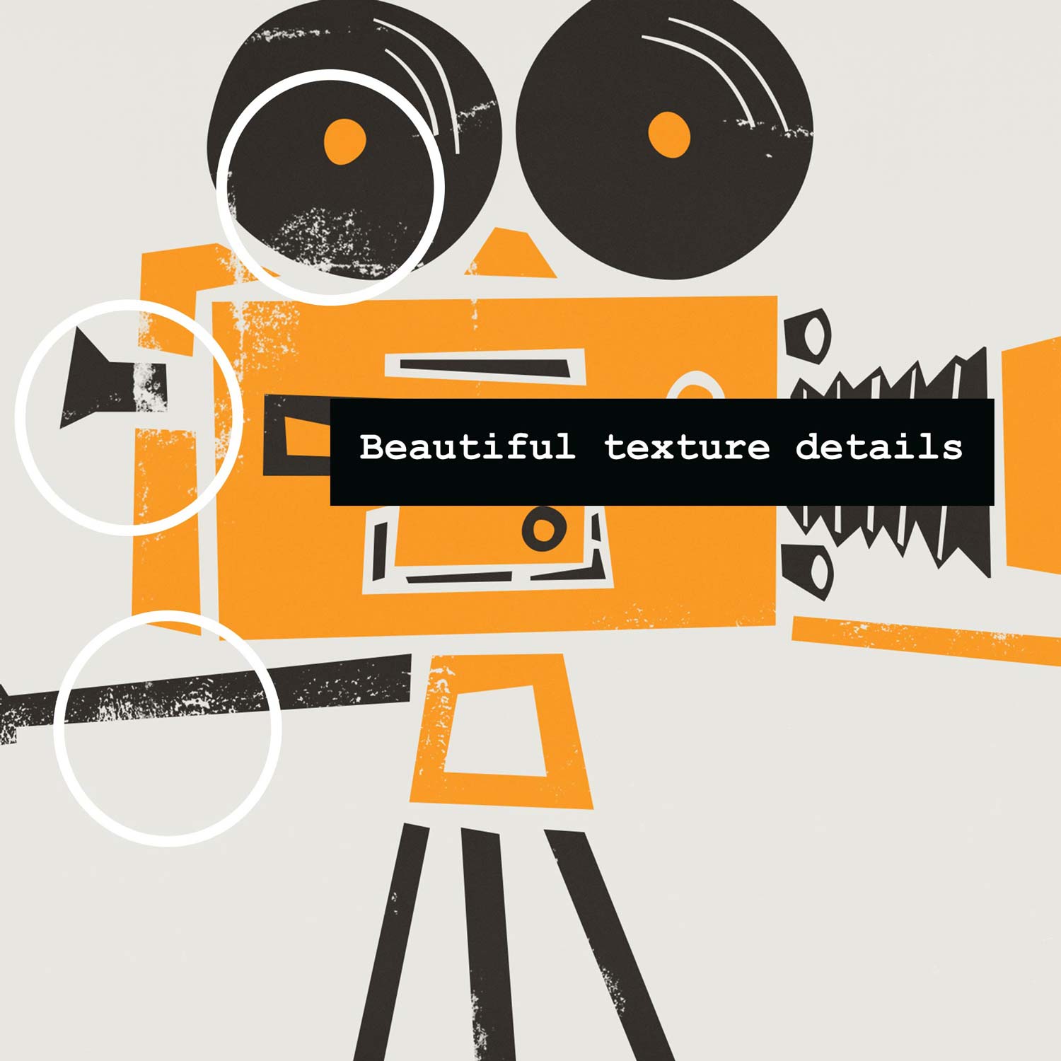 A close-up of the print showing the texture and fine details of the orange and black vintage cine movie camera illustration, highlighting its charming retro aesthetic.