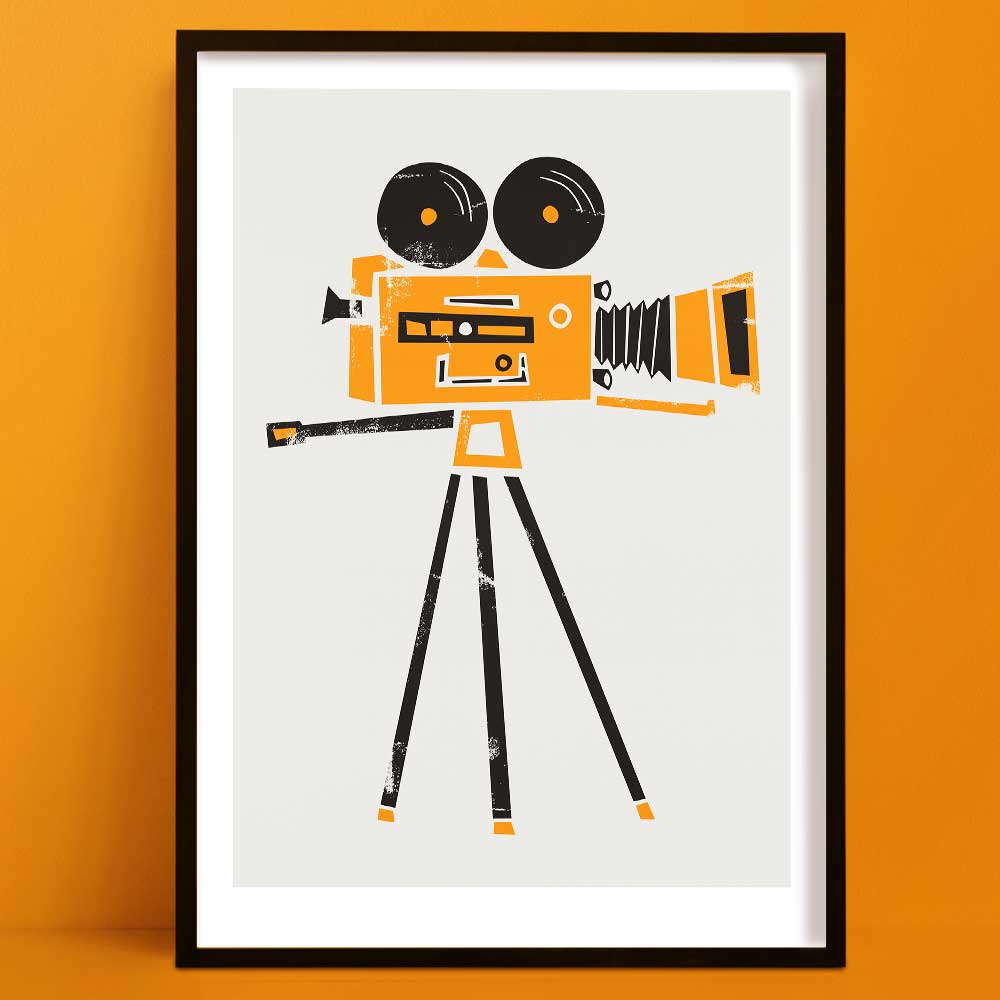 A retro-inspired illustration of a classic film camera with dual reels, bold orange body, and long tripod legs, evoking mid-century design with a modern twist.
