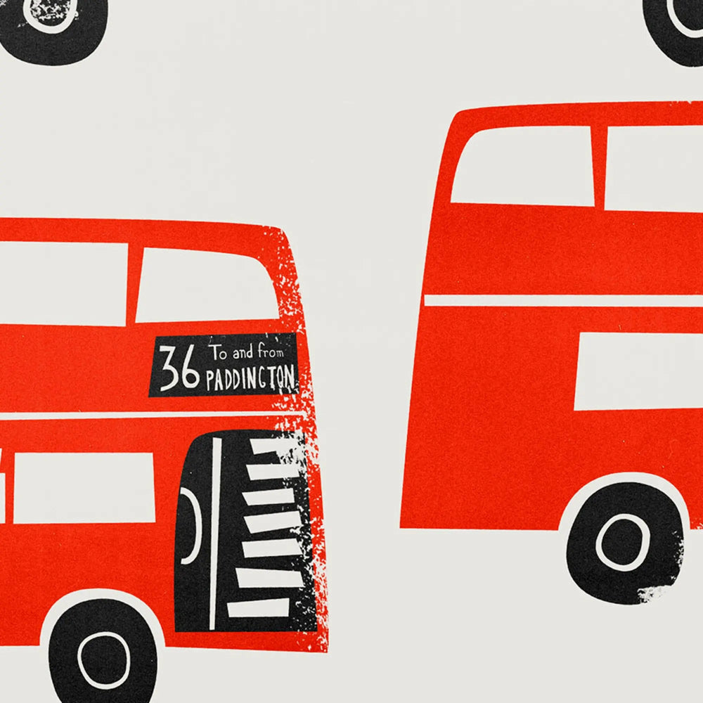 Detailed view of a classic Routemaster with striped stair entry and route signage, revealing the hand-drawn texture and screenprint-inspired style of the design.
