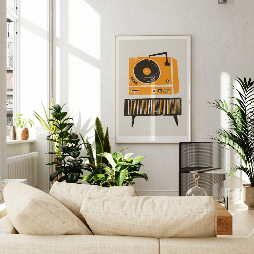 Record player art print hanging in a bright, plant-filled living room, adding a splash of retro colour and rhythm to a modern home setting.
