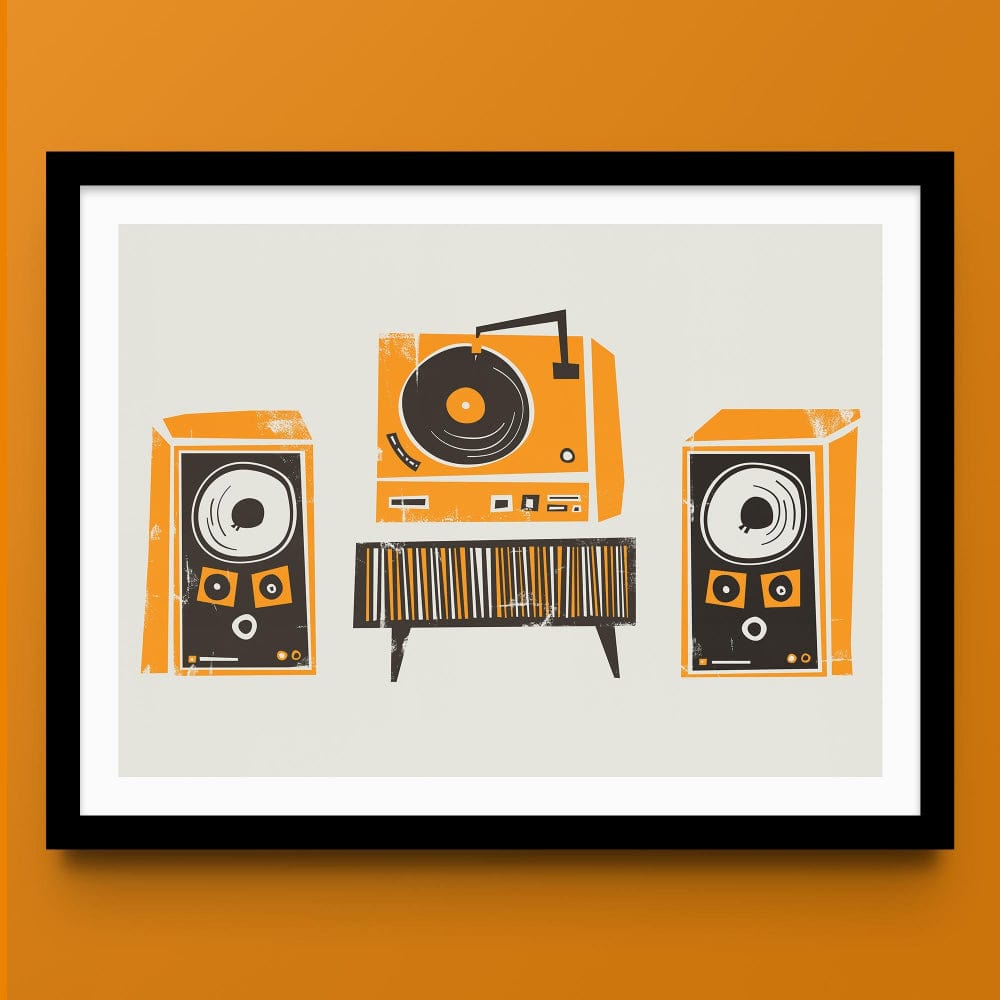 Framed Record Deck & Speakers Print featuring orange speakers, turntable, and record stand, displayed on an orange wall