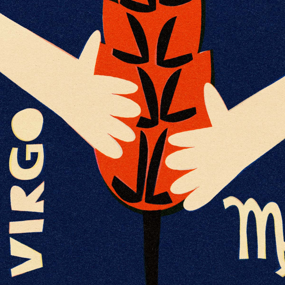 Close-up of the Virgo print showing graphic hands grasping stylised red wheat, with zodiac lettering and symbol.