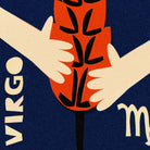 Close-up of the Virgo print showing graphic hands grasping stylised red wheat, with zodiac lettering and symbol.