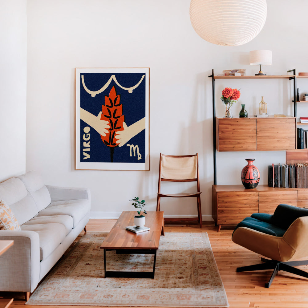 Virgo artwork framed above a cream sofa in a cosy, mid-century styled lounge with wood accents and paper lantern.