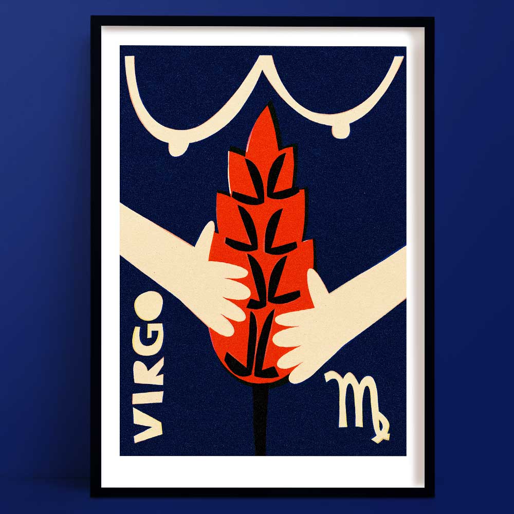 Virgo zodiac art print featuring stylised hands holding a red wheat stalk beneath curved lines and Virgo symbols, framed on deep navy wall.