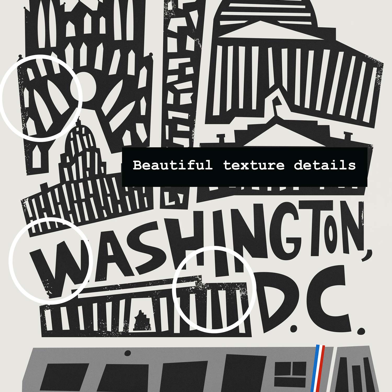 Detailed close-up of the Washington D.C. print showing graphic landmark silhouettes and playful hand-drawn lettering.