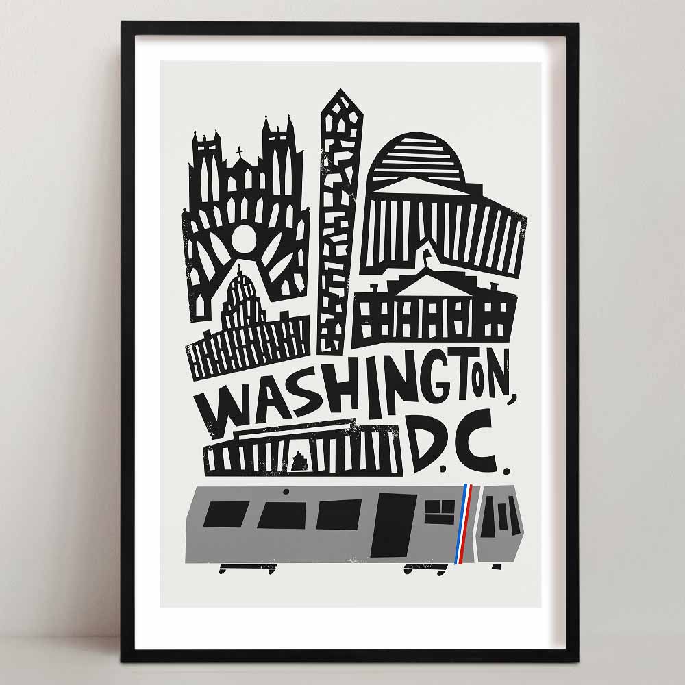 Washington D.C. city art print featuring graphic black-and-white skyline with iconic architecture and a Metro train at the bottom.