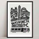 Washington D.C. city art print featuring graphic black-and-white skyline with iconic architecture and a Metro train at the bottom.