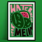 Watermelon art print featuring bold pink and black “WATERMELON” lettering surrounding graphic melon slices on a deep green background.