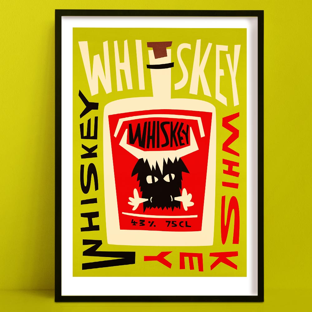 Whiskey cocktail art print featuring a red-faced bottle with jagged eyes and hands, surrounded by chaotic “WHISKEY” lettering on a chartreuse background.
