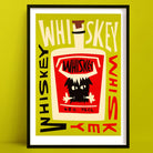 Whiskey cocktail art print featuring a red-faced bottle with jagged eyes and hands, surrounded by chaotic “WHISKEY” lettering on a chartreuse background.
