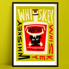 Whiskey print featuring a red-faced bottle with jagged eyes and hands, surrounded by chaotic “WHISKEY” lettering on a chartreuse background.
