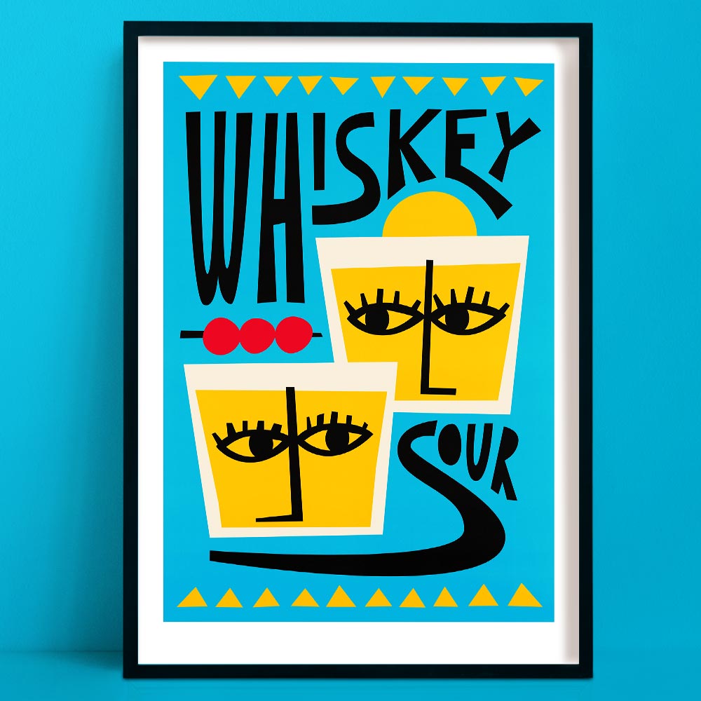 Whiskey Sour art print with illustrated cocktail glasses and bold mid-century lettering on blue background.