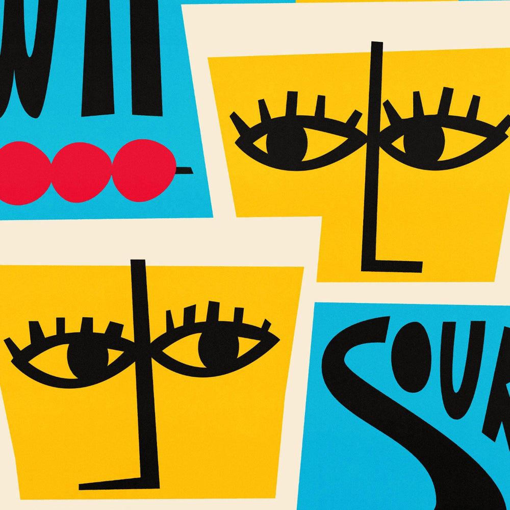 Close-up of illustrated cocktail glasses with graphic eyes and stylised text reading ‘Whiskey Sour