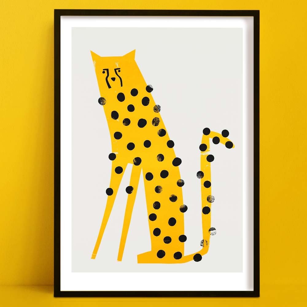 Playful illustration of a tall, slender yellow cheetah with bold black spots and an expression full of character, set against a clean white background.