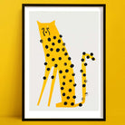 Playful illustration of a tall, slender yellow cheetah with bold black spots and an expression full of character, set against a clean white background.