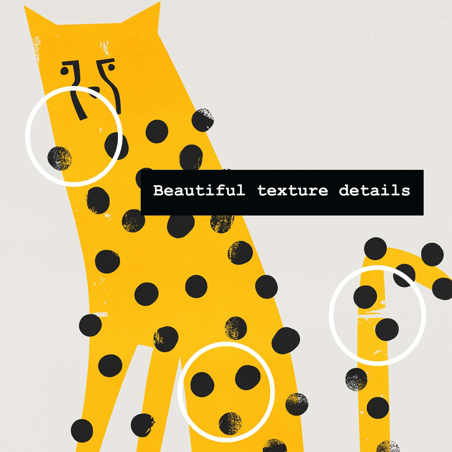 Close-up of the yellow cheetah print showcasing expressive linework and contrast between the mustard yellow body and bold black spots.