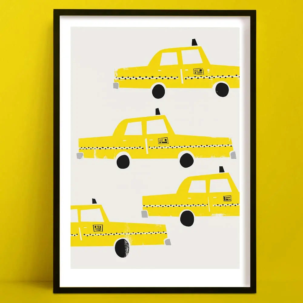 A minimalist pop art print featuring a playful arrangement of five yellow New York taxis in bold block shapes with graphic wheels and checkered stripes.
