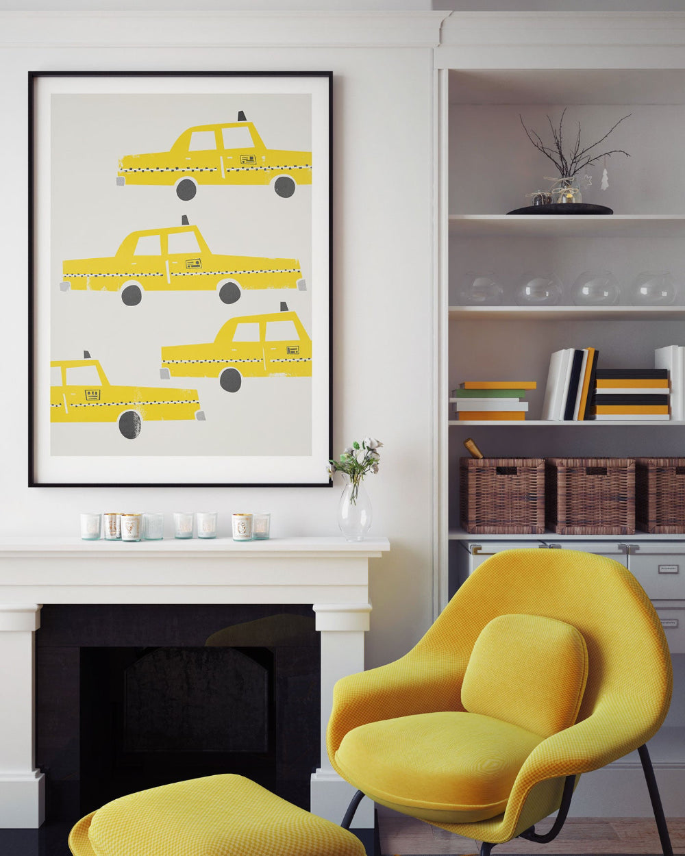 A contemporary room featuring the yellow taxi art print above a fireplace with a matching mustard chair – a playful yet elegant interior moment.
