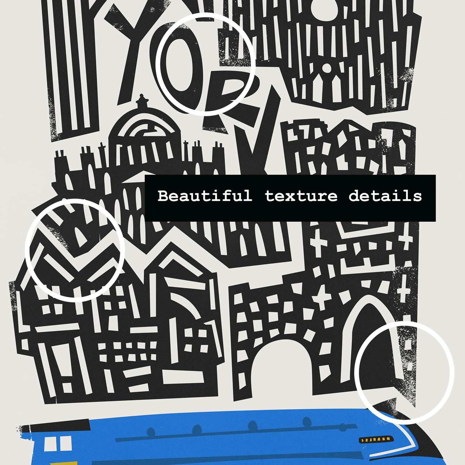 Zoomed-in view of York print showing hand-drawn architectural textures and the playful “YORK” text nestled among rooftops.