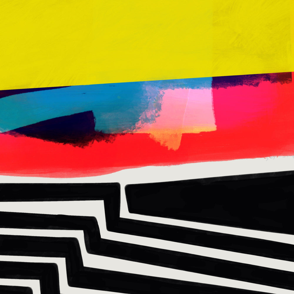 Close-up of layered paint strokes and graphic black stripes blending organic brushwork with hard-edged contrast.