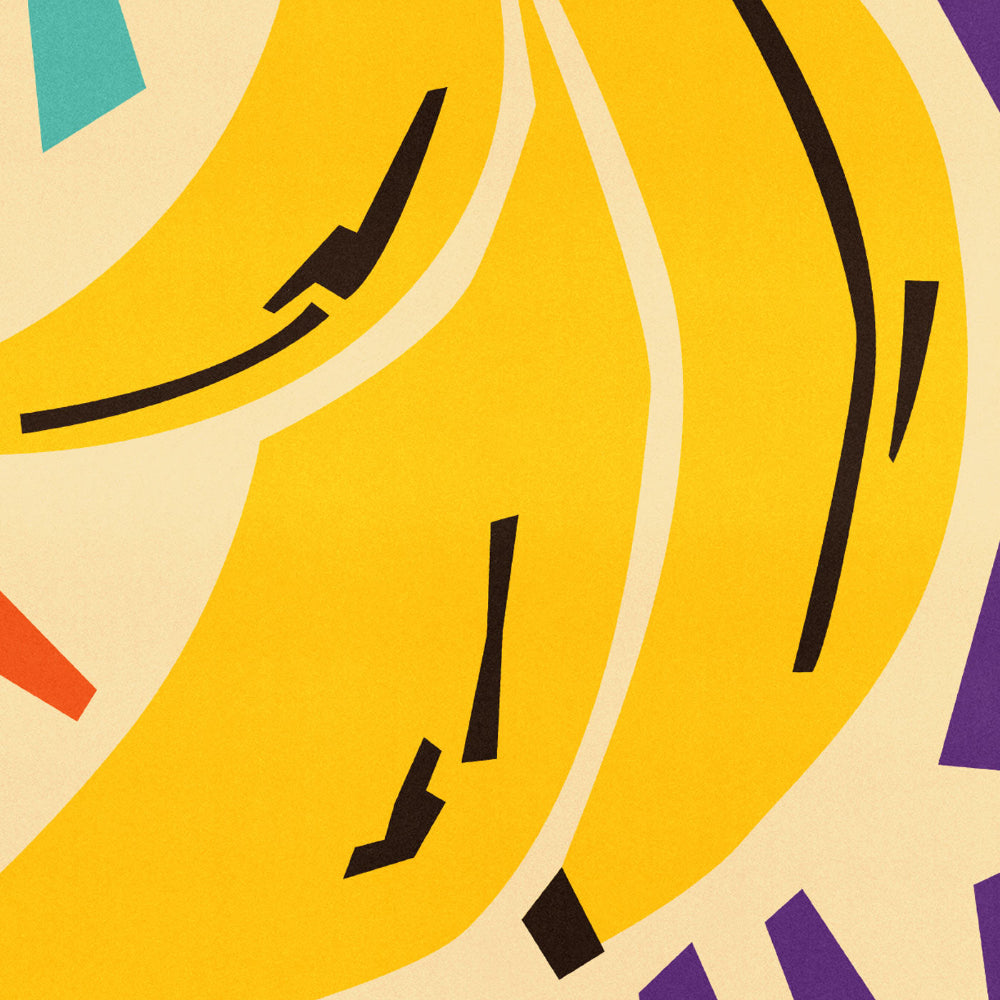 Close-up of the stylised banana illustration showing vibrant yellow curves and dynamic typography layout.