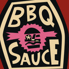 Close-up of the BBQ Sauce bottle label featuring a spiky pink face and warped bold text.
