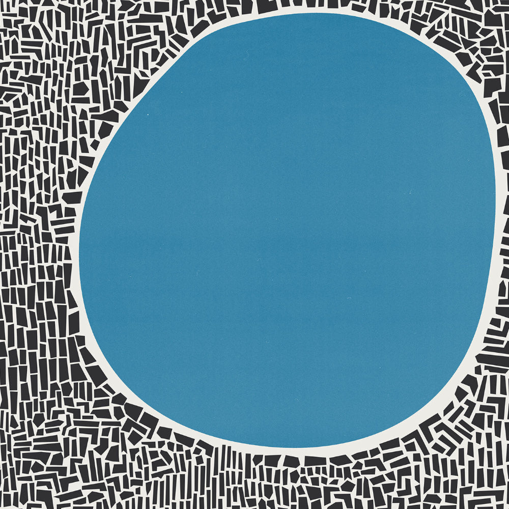 Close-up of the abstract art print showing the textured blue circle and dense black linear pattern beneath it, revealing hand-drawn detail and tactile visual energy.
