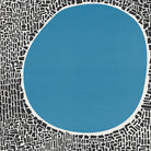 Close-up of the abstract art print showing the textured blue circle and dense black linear pattern beneath it, revealing hand-drawn detail and tactile visual energy.
