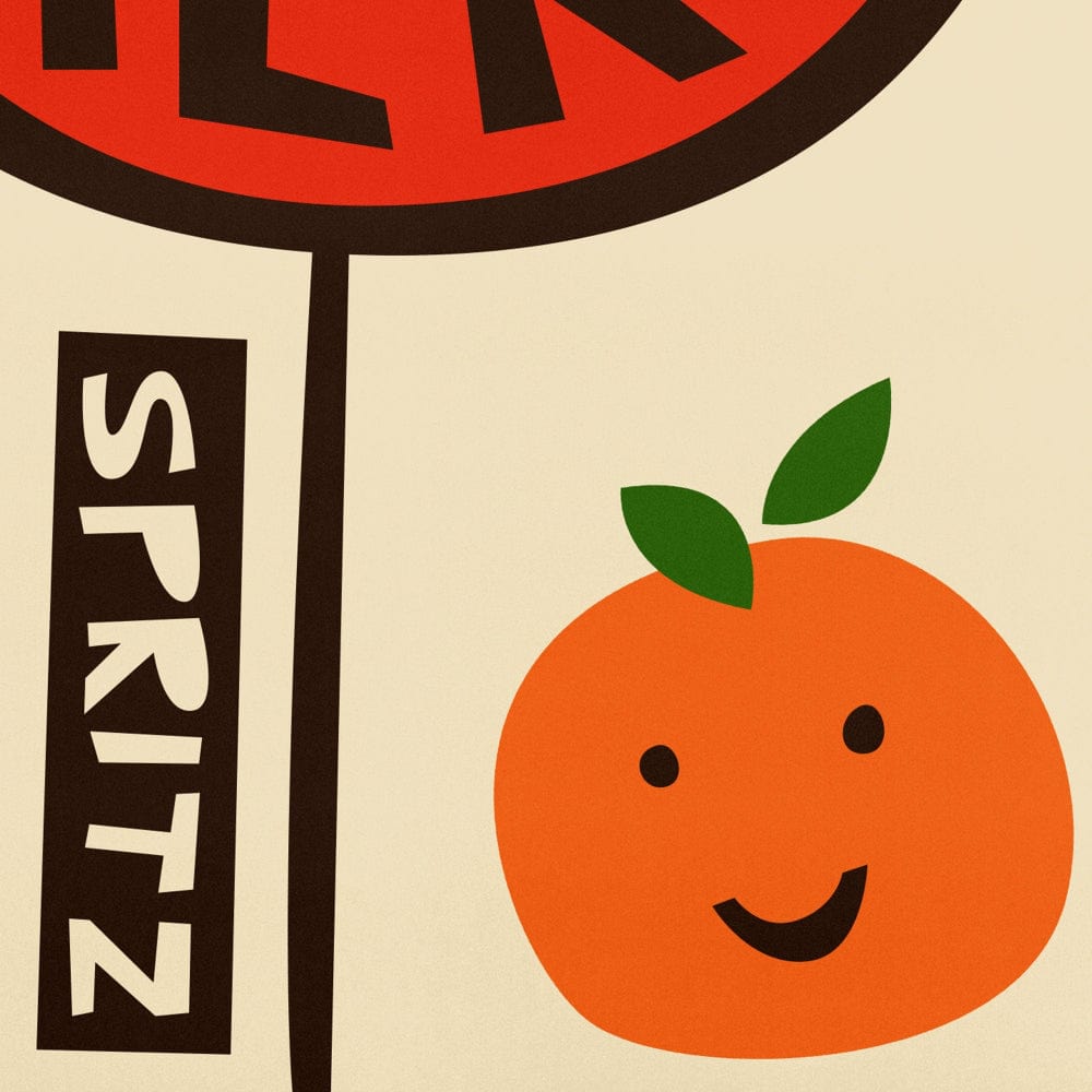 Close-up detail of a smiling orange and bold text design from the Spritz print.