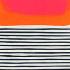 A vivid coral paint block blending into white, resting above a calm pattern of inked stripes.