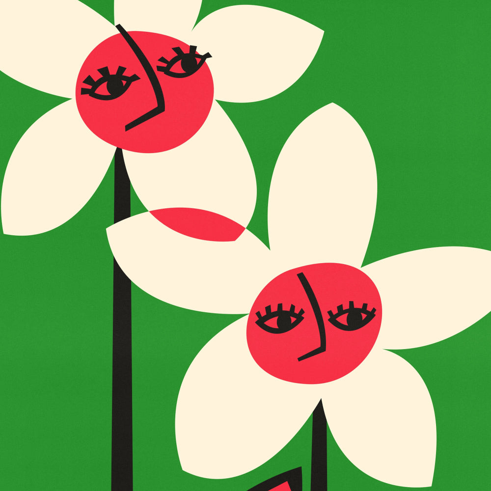 Close-up of bold petal faces and leaf text reading “Don’t Despair” in graphic mid-century lettering.