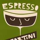 Close-up of the Espresso Martini print featuring hand-drawn text and a minimalist, sleepy expression across a creamy coffee glass.
