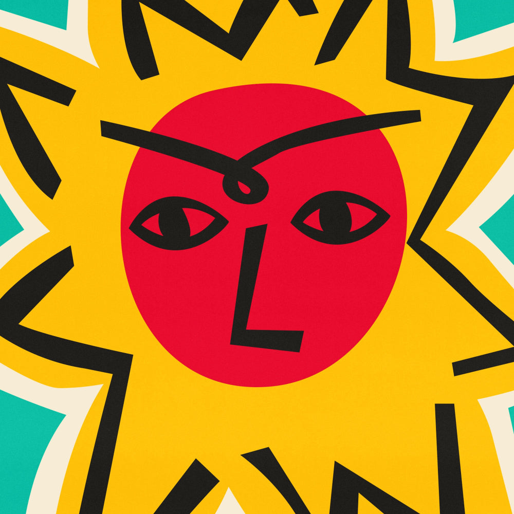 Close-up of stylised sun face with curved brows and yellow geometric rays on teal background.