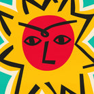 Close-up of stylised sun face with curved brows and yellow geometric rays on teal background.