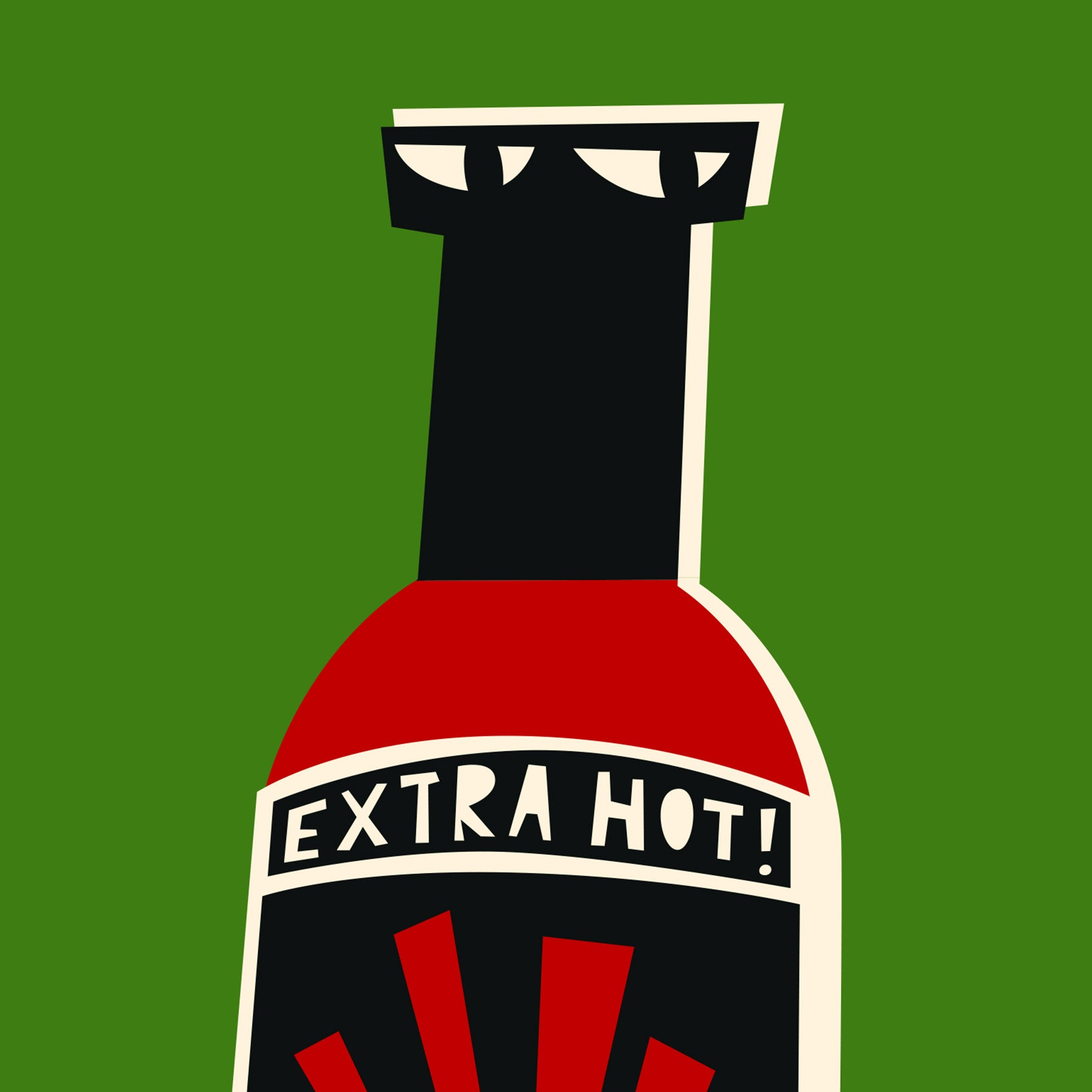 Close-up of hot sauce bottle showing “Extra Hot!” text and geometric eye-like lid design.