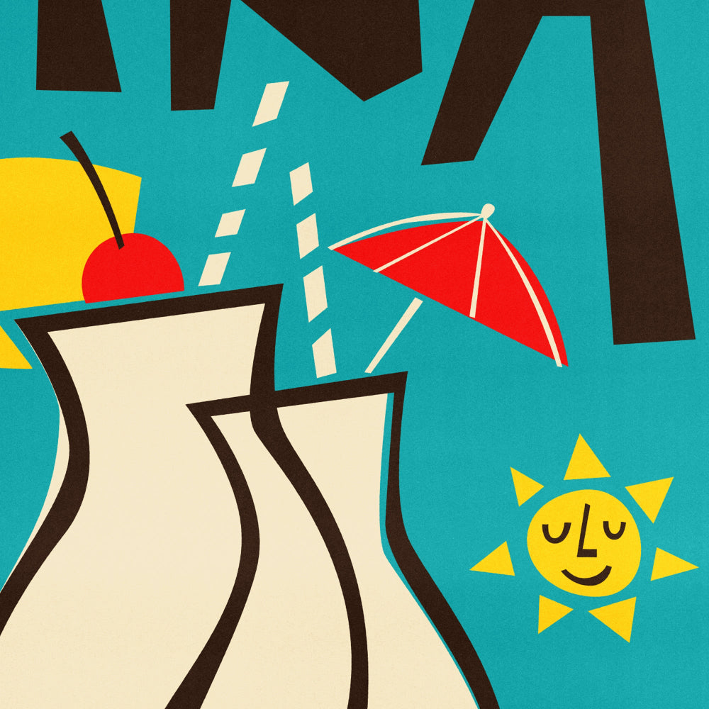 Close-up of stylised cocktail glass with red umbrella and cherry, surrounded by cheerful sun motifs.