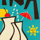 Close-up of stylised cocktail glass with red umbrella and cherry, surrounded by cheerful sun motifs.