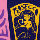 Stylised female figure label with hand-drawn flair, set inside a navy bottle on bold pink and yellow.
