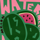 Close-up of the watermelon illustration showing deep green fruit shapes and playful, hand-drawn text in bright pink and black.