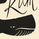 Detail of stylised black whale illustration nestled in a bottle-shaped layout with hand-lettered text.