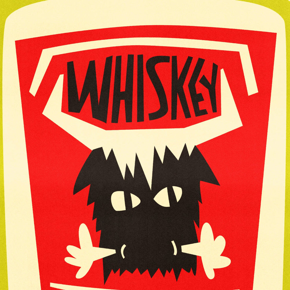 Close-up of the whiskey bottle illustration showing a wild-eyed label and hand-drawn “WHISKEY” text bursting in all directions.