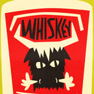 Close-up of the whiskey bottle illustration showing a wild-eyed label and hand-drawn “WHISKEY” text bursting in all directions.